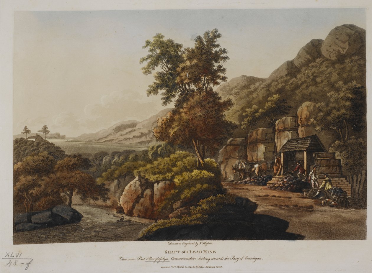鉛鉱山のシャフト。 1798年に出版された、カーディガン湾を見下ろす、カーナーヴォンシャーのアバーグラスリン橋の近くの景色（色付きの彫刻） 作： ジョン・ハッセル
