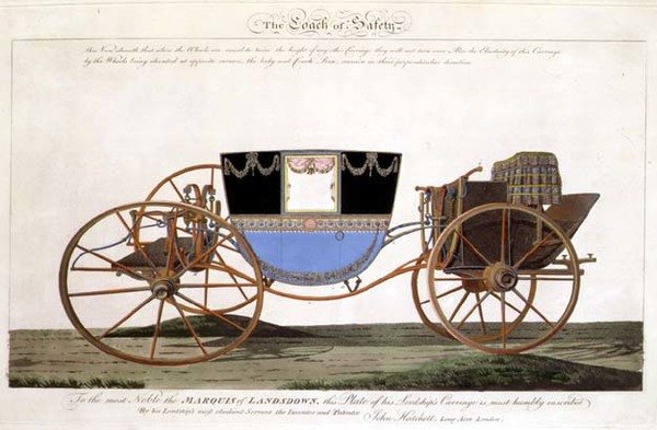 ランズダウン侯爵の安全な馬車は、画家が発明し特許を取得したもので、ロンドンのロングエーカー社（彫刻）。 作： ジョン・ハチェット