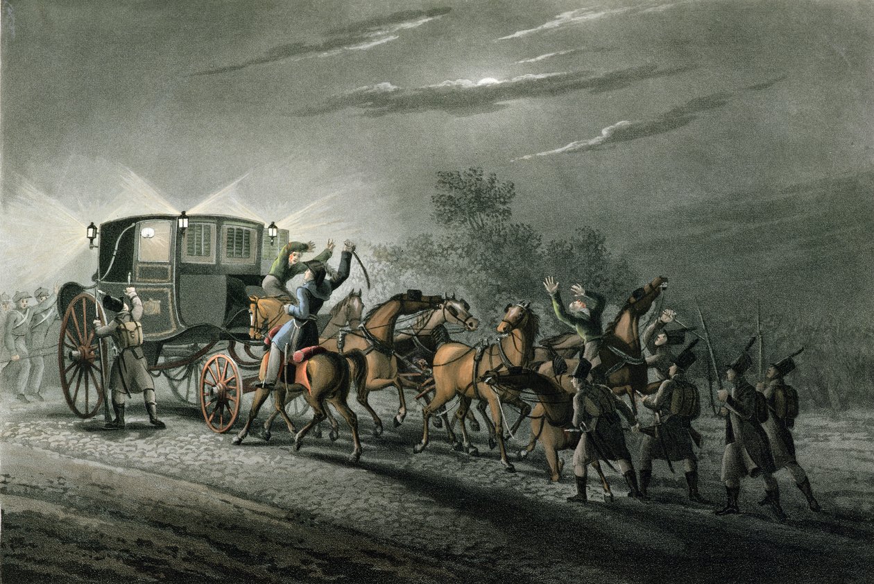 1815年6月18日、ウォータールー少佐、フォンケラー少佐によるボナパルトの馬車、紙、宝の捕獲、マシューデュブール作（fl.1813-20） 作： ジョン・ヘヴィサイド・クラーク