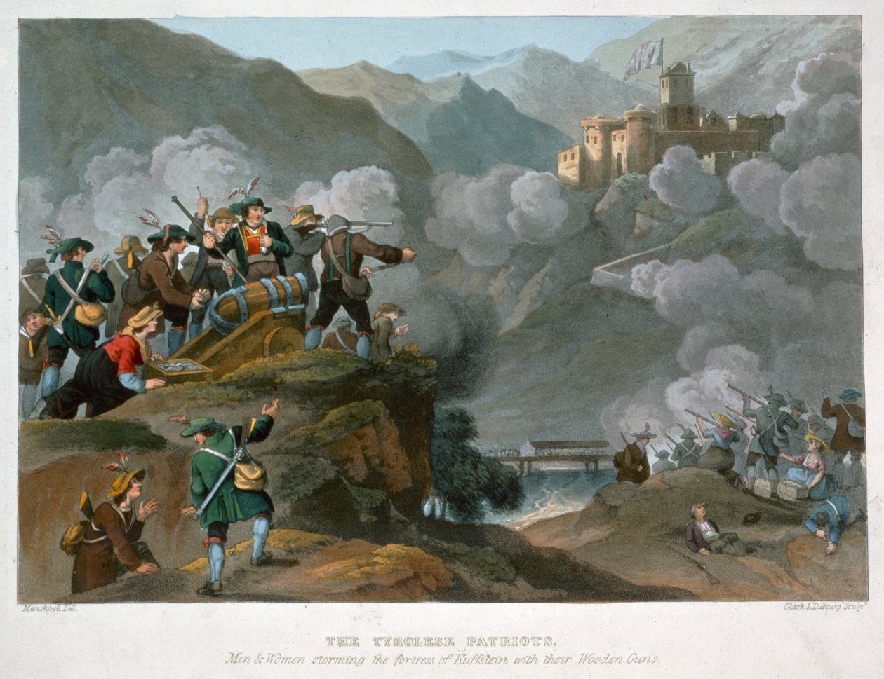 木製の銃でクフシュタインの要塞を襲撃するチロルの愛国者、1816年 作： ジョン・ヘヴィサイド・クラーク