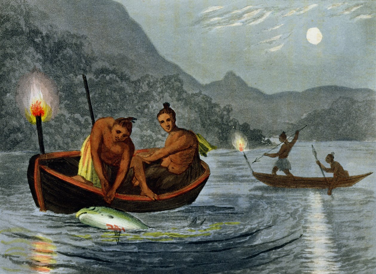 H.メルケによって彫刻された北米のトーチライトフィッシング（fl.c.1800-20）、エドワードオーム、1813年発行 作： ジョン・ヘヴィサイド・クラーク