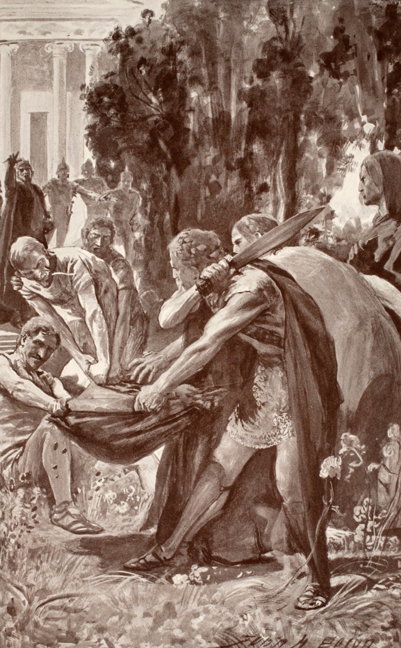 ブライアンが豚の皮を握る、チャールズスクワイアによる「ケルトの神話と伝説」のイラスト、1905年 作： ジョン・ヘンリー・フレデリック・ベーコン