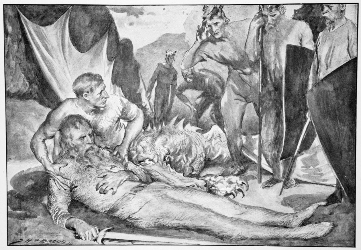 「ベオウルフの死」、1910 年。 作： ジョン・ヘンリー・フレデリック・ベーコン