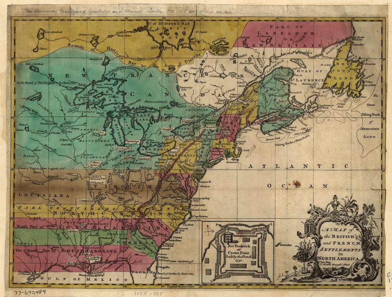 北アメリカにおけるイギリスとフランスの入植地の地図。LOC 77690484 作： ジョン・ヒントン