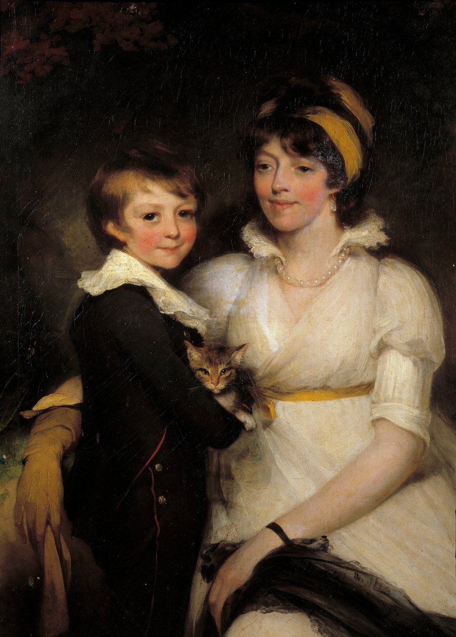 猫を抱く若い女性と少年 ジョン・ホップナー（1758-1810）の絵画 作： ジョン・ホップナー