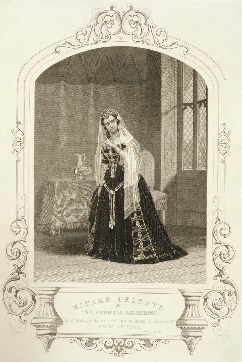 キャサリン王女としてのセレマ夫人、ジョージ・ホリス（1792-1842）によって彫刻された、ダゲレオタイプの「ヘンリーV」の第5幕シーン2、パブ。 John Tallis und Co. 作： ジョン・ジャベス・エドウィン・ペイズリー・メイオール