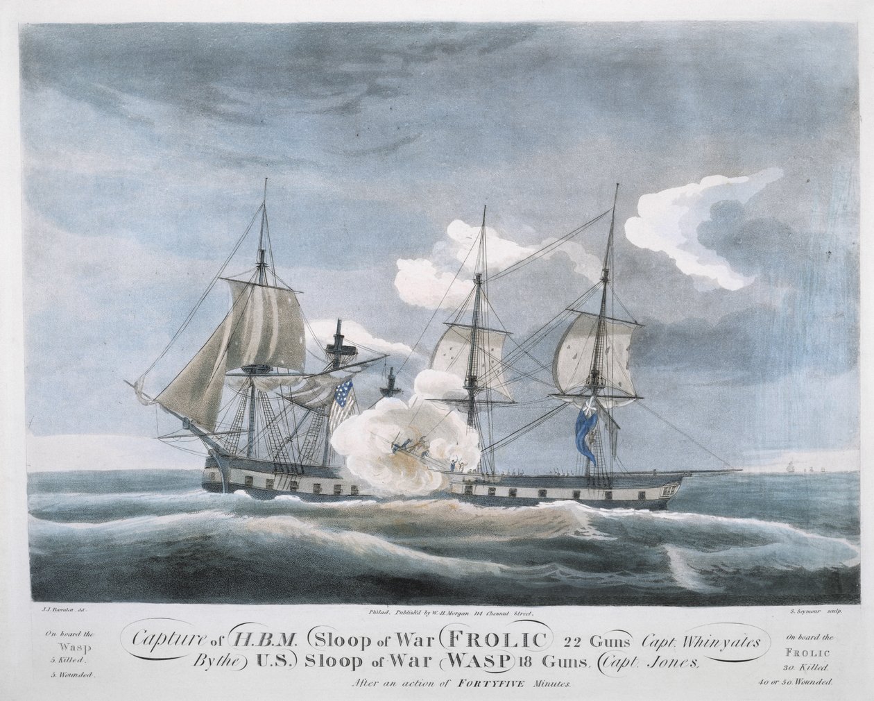 H.B.M. Sloop of War FROLIC, 22 Guns, Capt.Whinyatesの米国Sloop of War WASPによる捕獲。 作： ジョン・ジェームズ（後）バラレット