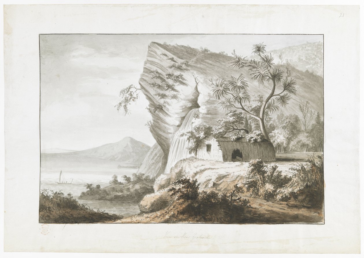 ニュージーランドの海岸の景色、原住民の小屋と湾のセーリング カヌー、「Drawings, in Indian ink, illustration of Capt. Cook