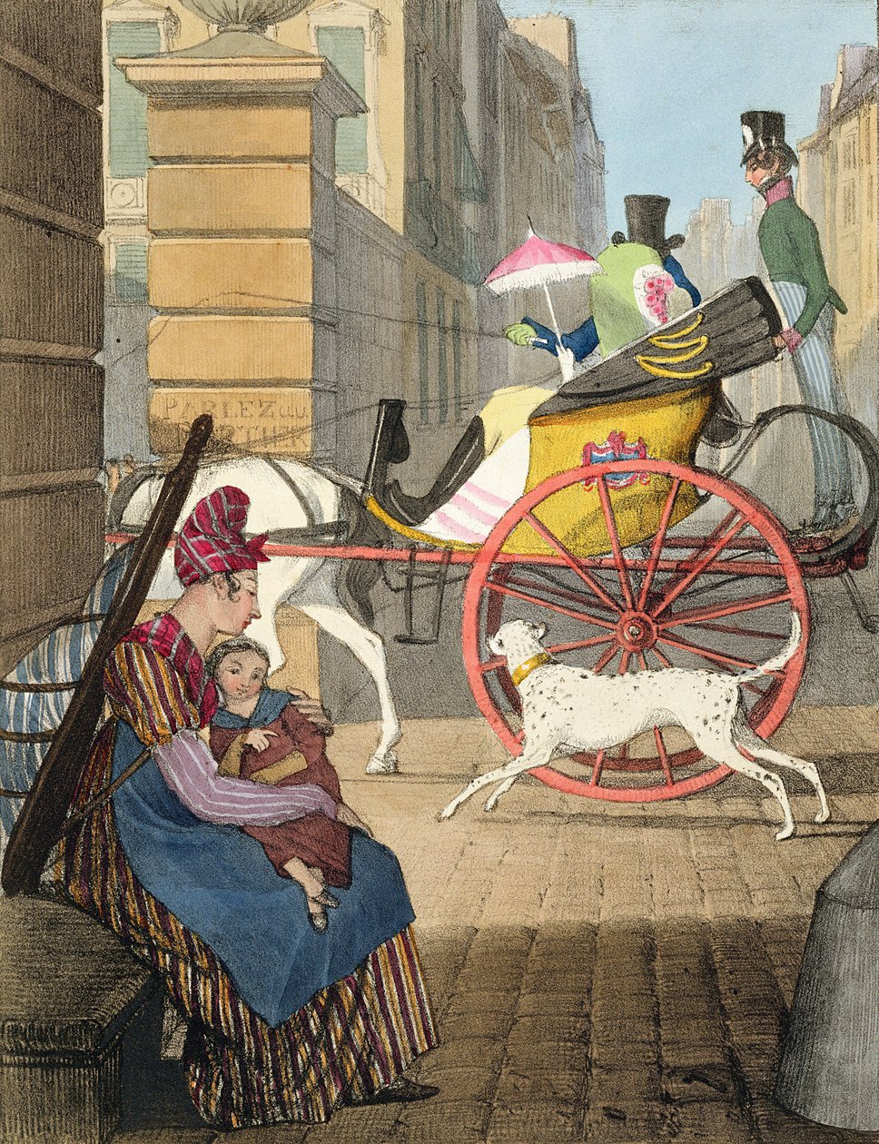 チャールズジョセフハルマンデル（1789年〜1850年）によって刻まれた「パリの衣装を展示する24の主題」からの馬車の入口（1817〜22年） 作： ジョン・ジェームス・シャロン