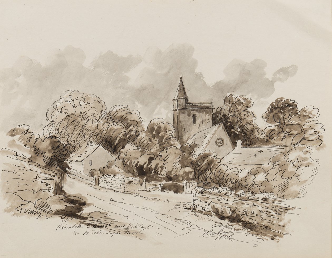 Kewstoke Church and Village、Weston Super Mare、サマセット、1882年（紙にペン、筆、インク） 作： ジョン・ジョセフ・バーカー
