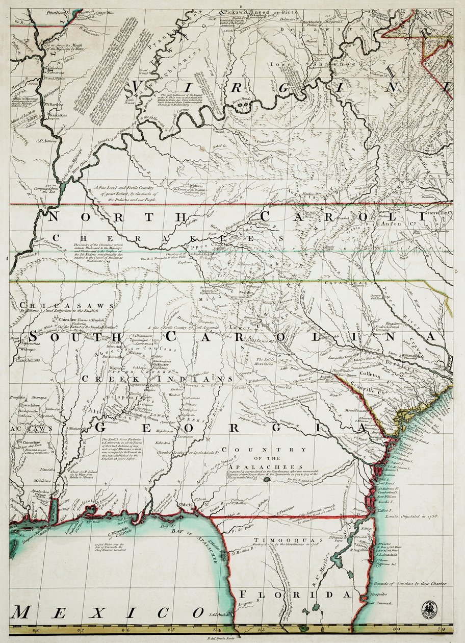北アメリカ大陸の英仏領の地図と道路、距離、限界、入植地の範囲。 作： ジョン＆キッチン トーマス＆ミッチェル (fl.1755 ミッチェル)