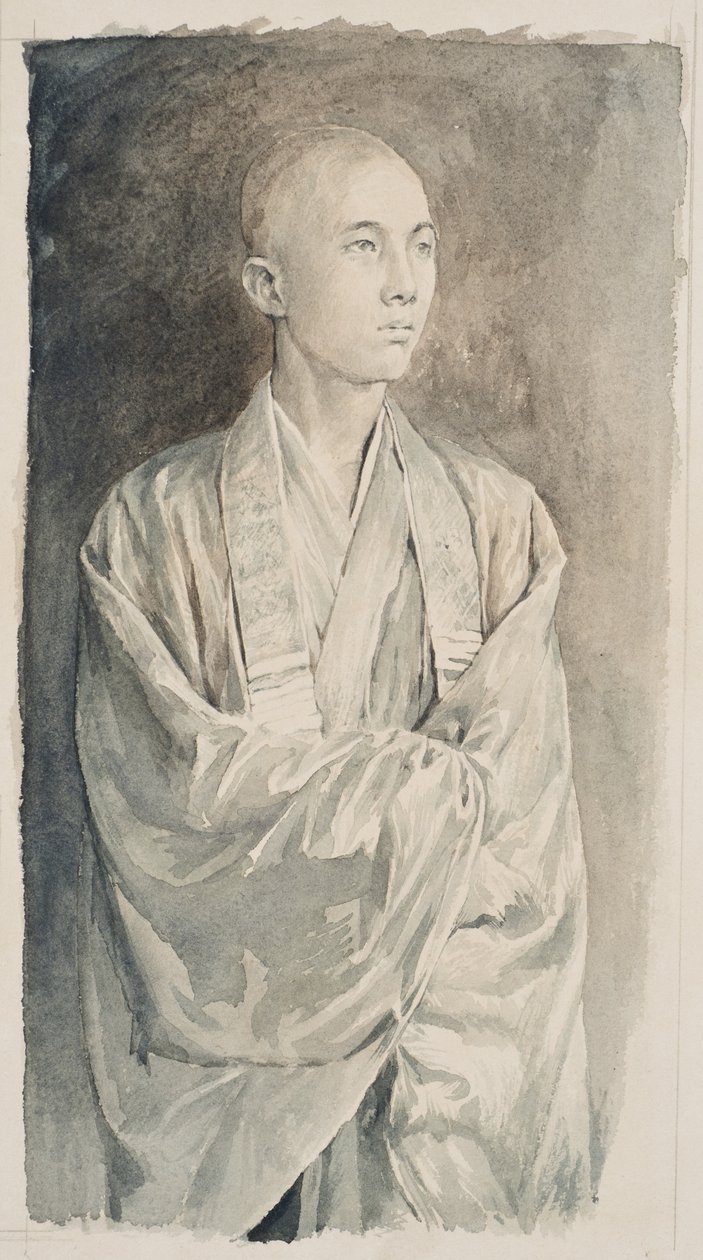 日光リエミツ神殿の司祭の肖像、1888年頃（紙にセピア色で洗う） 作： ジョン・ラ・ファージュまたはラファージュ