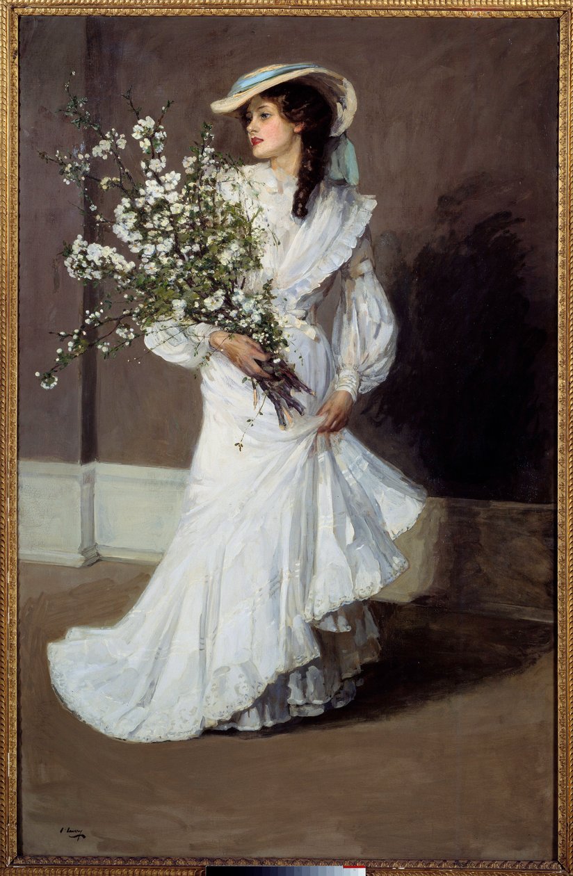 春。 春のアレゴリー：花束を持った白い服を着た女性の肖像画。 サー・ジョン・ラヴェリー (1856-1941) の絵画 作： ジョン・レイバリー