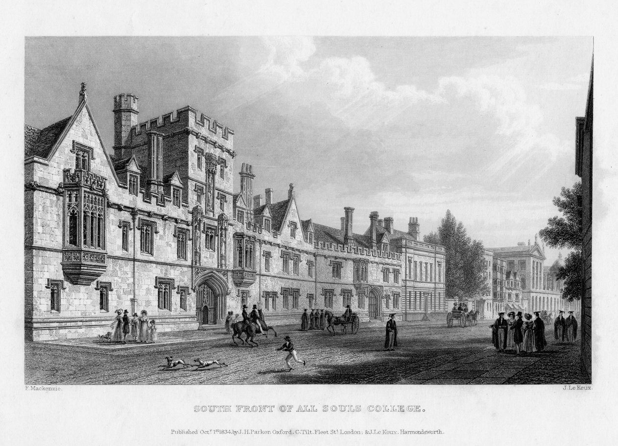オックスフォード大学オールソウルズカレッジの南正面、1834年。 作： ジョン・ル・クー