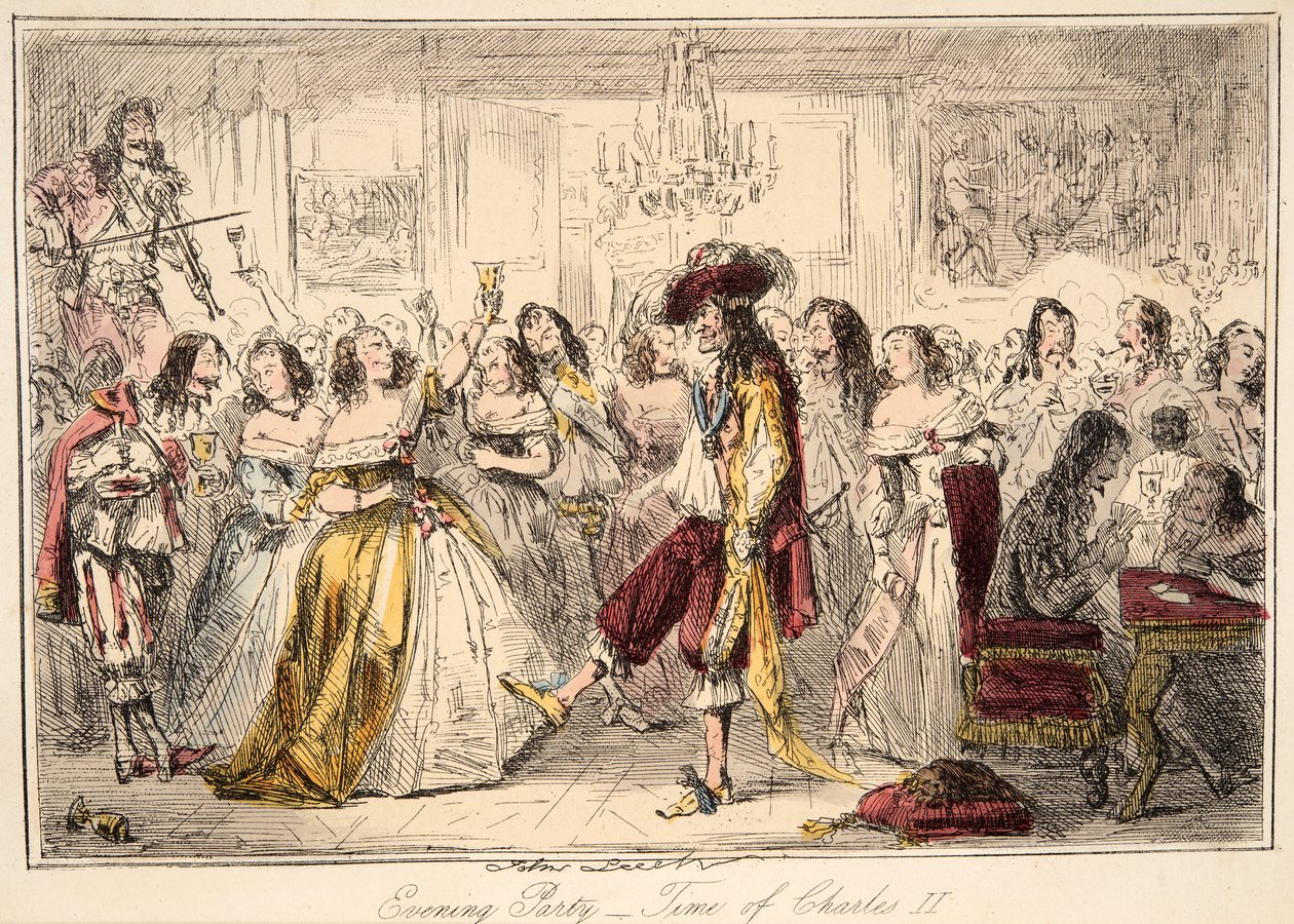 イブニングパーティー-イギリスのコミックの歴史、パブからのチャールズ2番目の時間。 1864（手描きのエッチング） 作： ジョン・リーチ