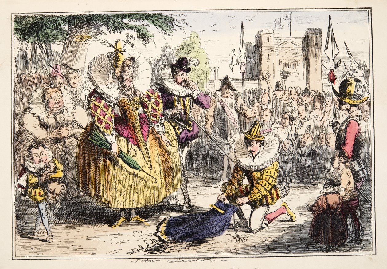 The Comic History of Englandのパブ、エリザベス女王とウォルターローリー卿。 1864（手描きのエッチング） 作： ジョン・リーチ