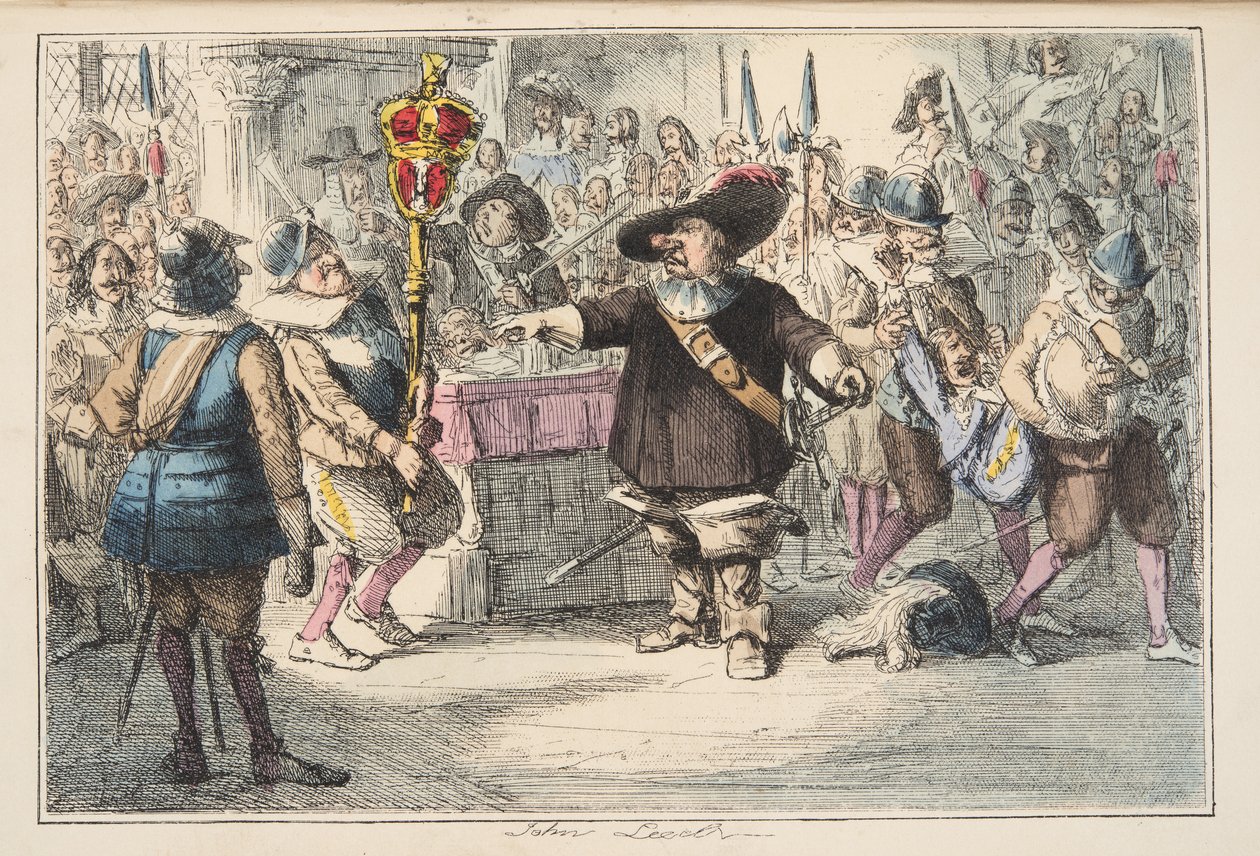 The Comic History of Englandのパブから、Cromwellが長い議会を解散したBaubleを取り上げてください。 1864（手描きのエッチング） 作： ジョン・リーチ