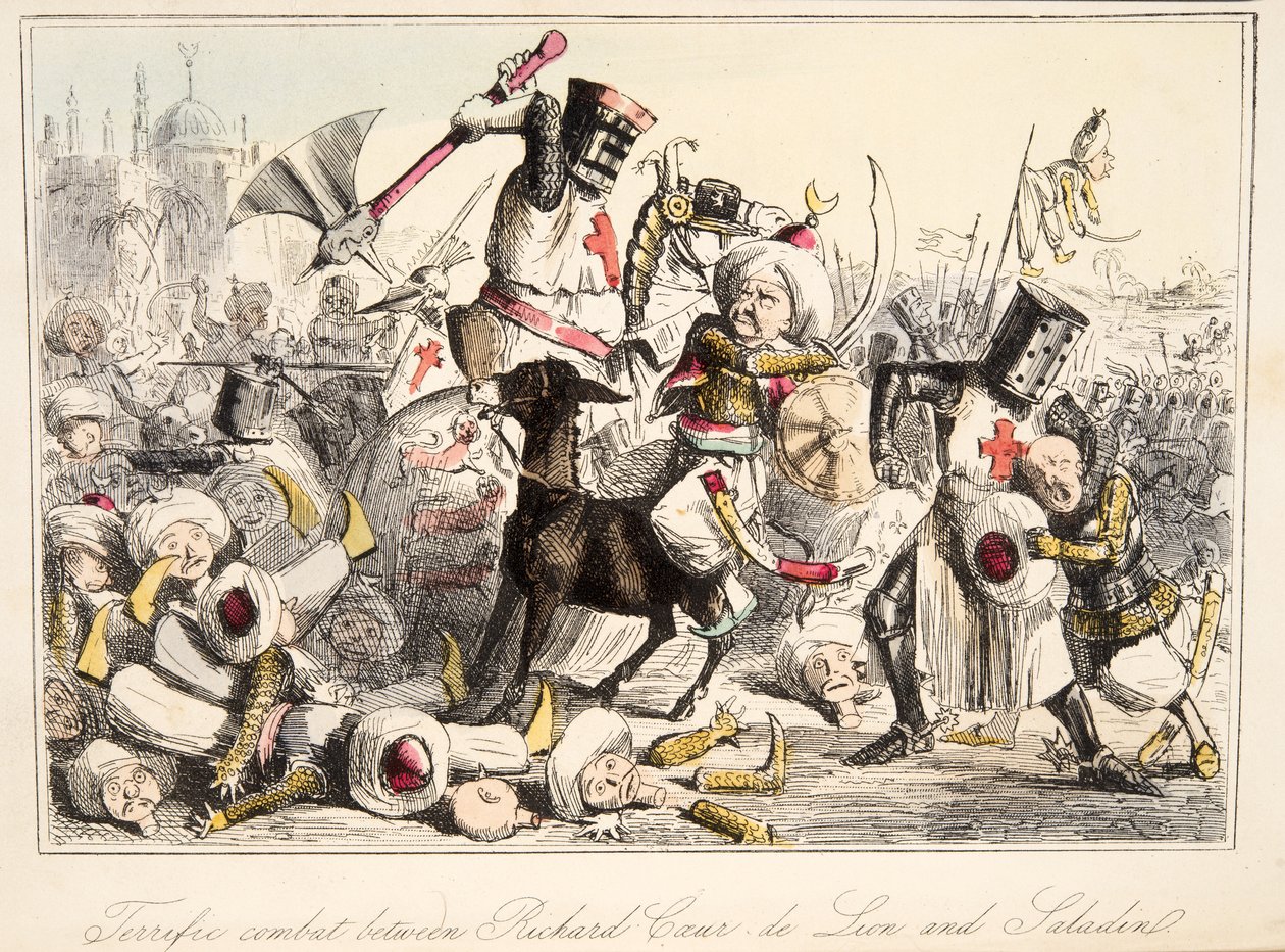 The Comic History of Englandのリチャードクールドライオンとサラディンの素晴らしい戦闘、パブ。 1864（手描きのエッチング） 作： ジョン・リーチ