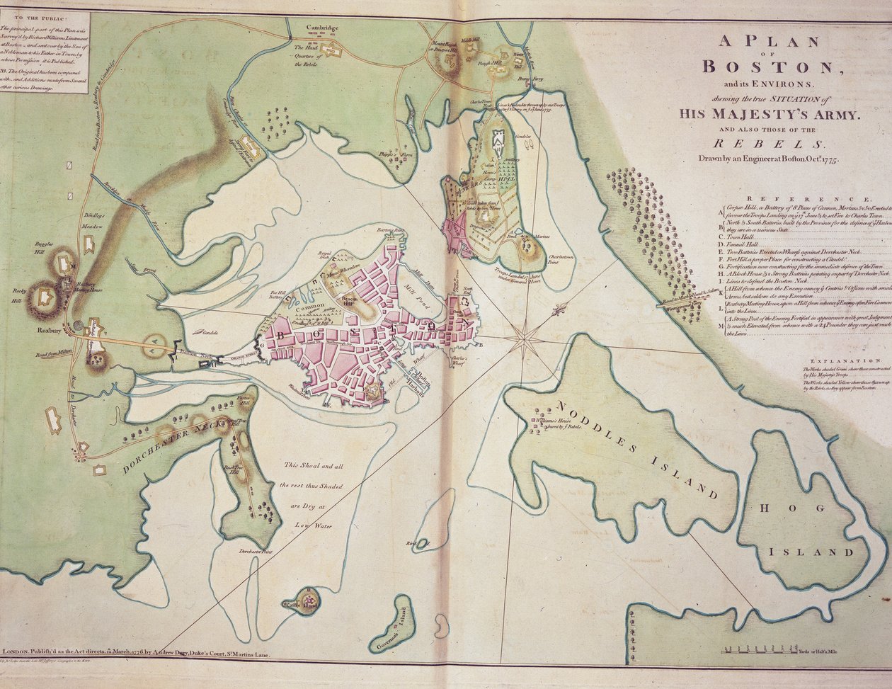 イギリス軍と反乱軍のアメリカ軍の位置を示すボストンとその周辺の平面図、1775 年 10 月作成、「北米アトラス」に掲載 作： ジョンロッジ