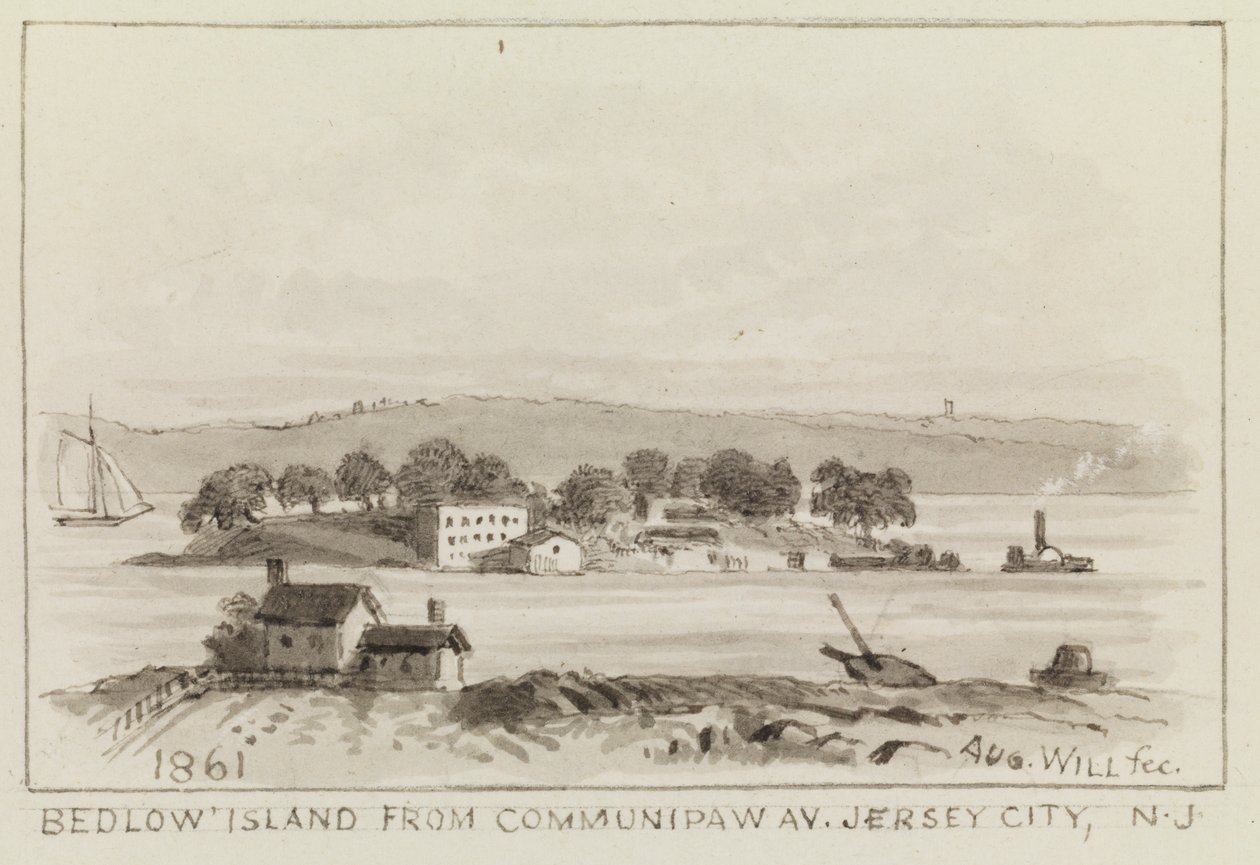 1861年、ニュージャージー州ジャージーシティのコミュニポー通りからのベッドロー島 作： ジョン・M・オーガスト・ウィル