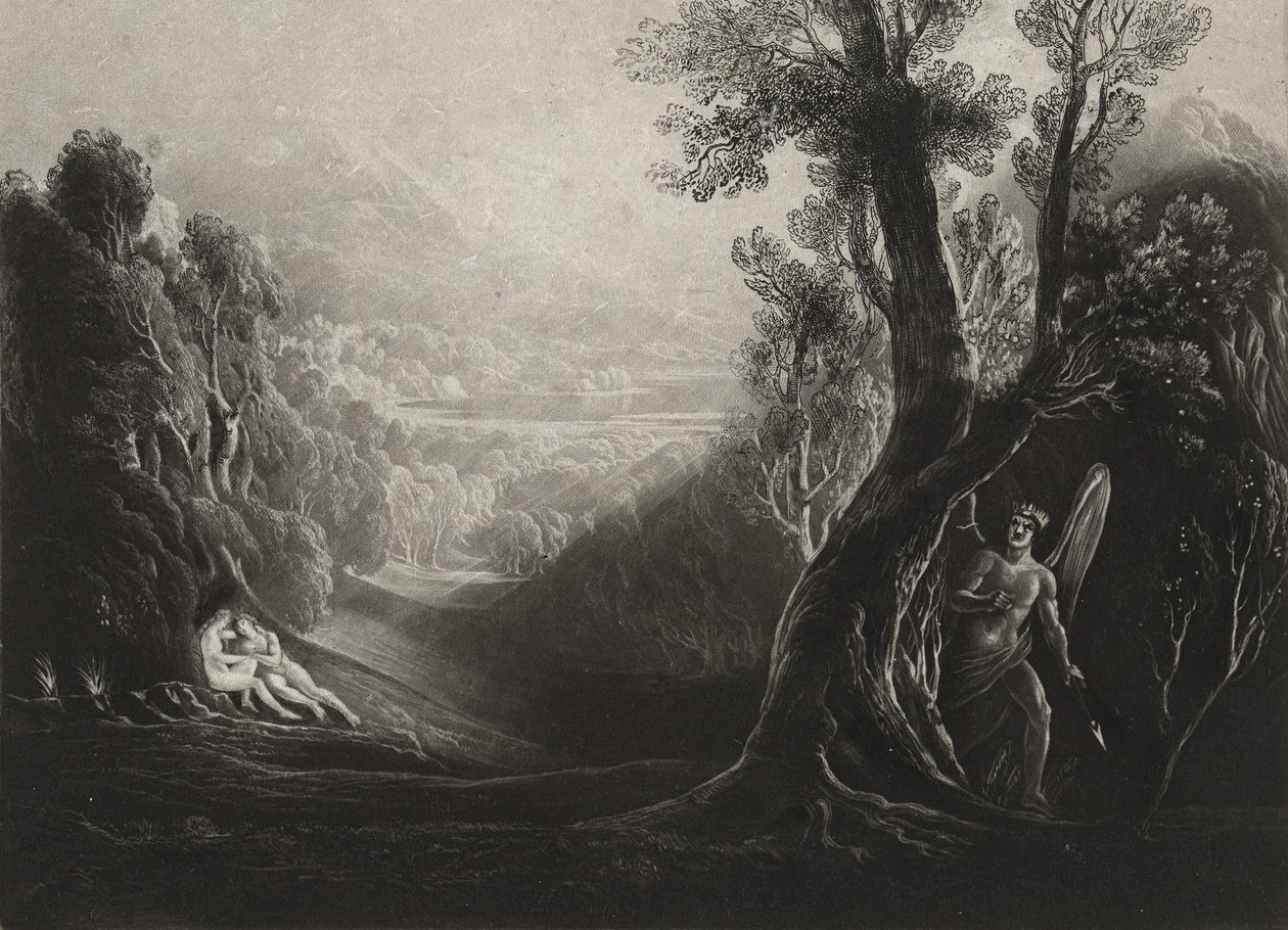 サタンは熟考し、パラダイスでイブ、c.1827（メゾチント） 作： ジョン・マーティン