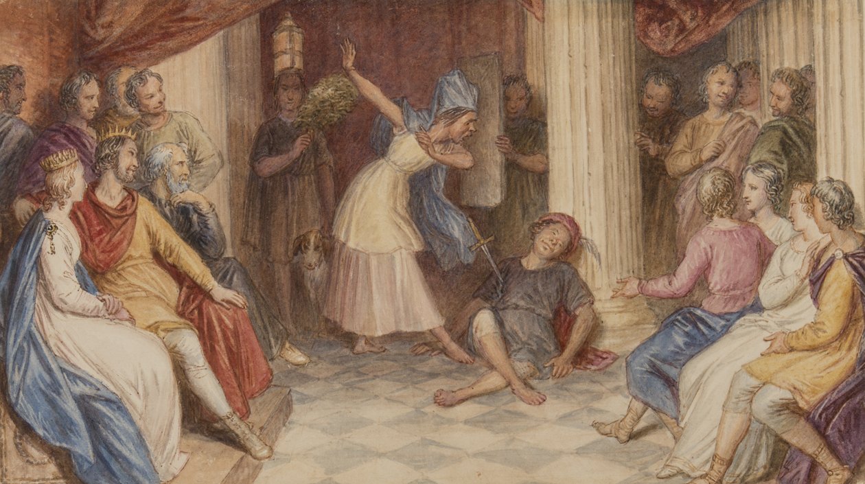 Pyramus and Thisbe、Midsummer Nights Dream、Act V、Scene I、c.1840（紙にトイレ） 作： ジョン・マッシー・ライト