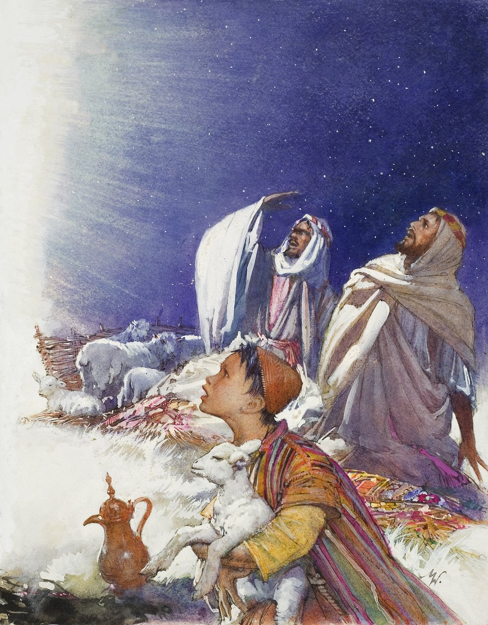 クリスマスの物語羊飼い物語（グワッシュ、紙） 作： ジョン・ミラー・ワッツ