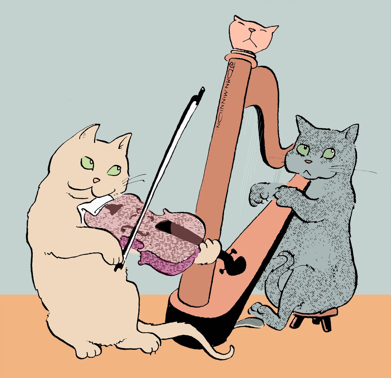 ハープとヴィオラを演奏する2匹の猫の風刺画 作： ジョン・ミニオン