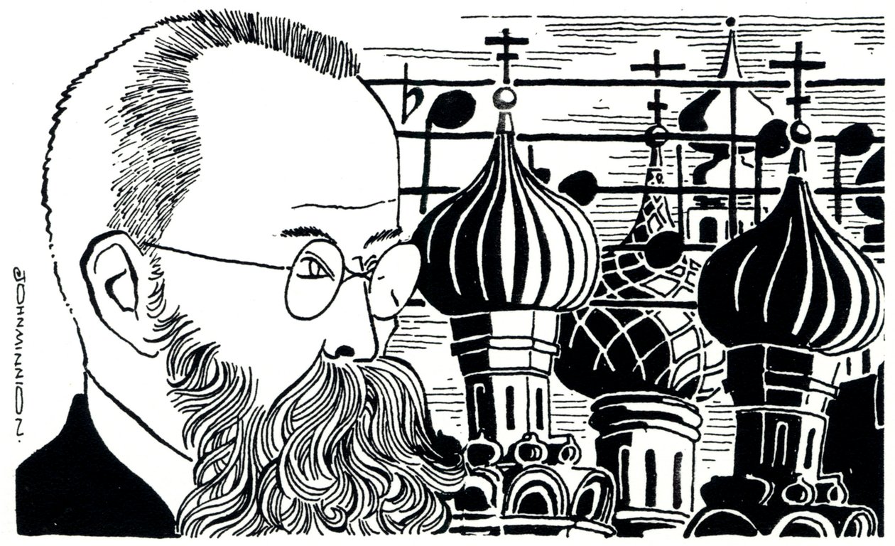 リムスキー・コルサコフの肖像（ロシア背景：教会のドーム） ロシアの作曲家 ( 1844-1908 ) 作： ジョン・ミニオン