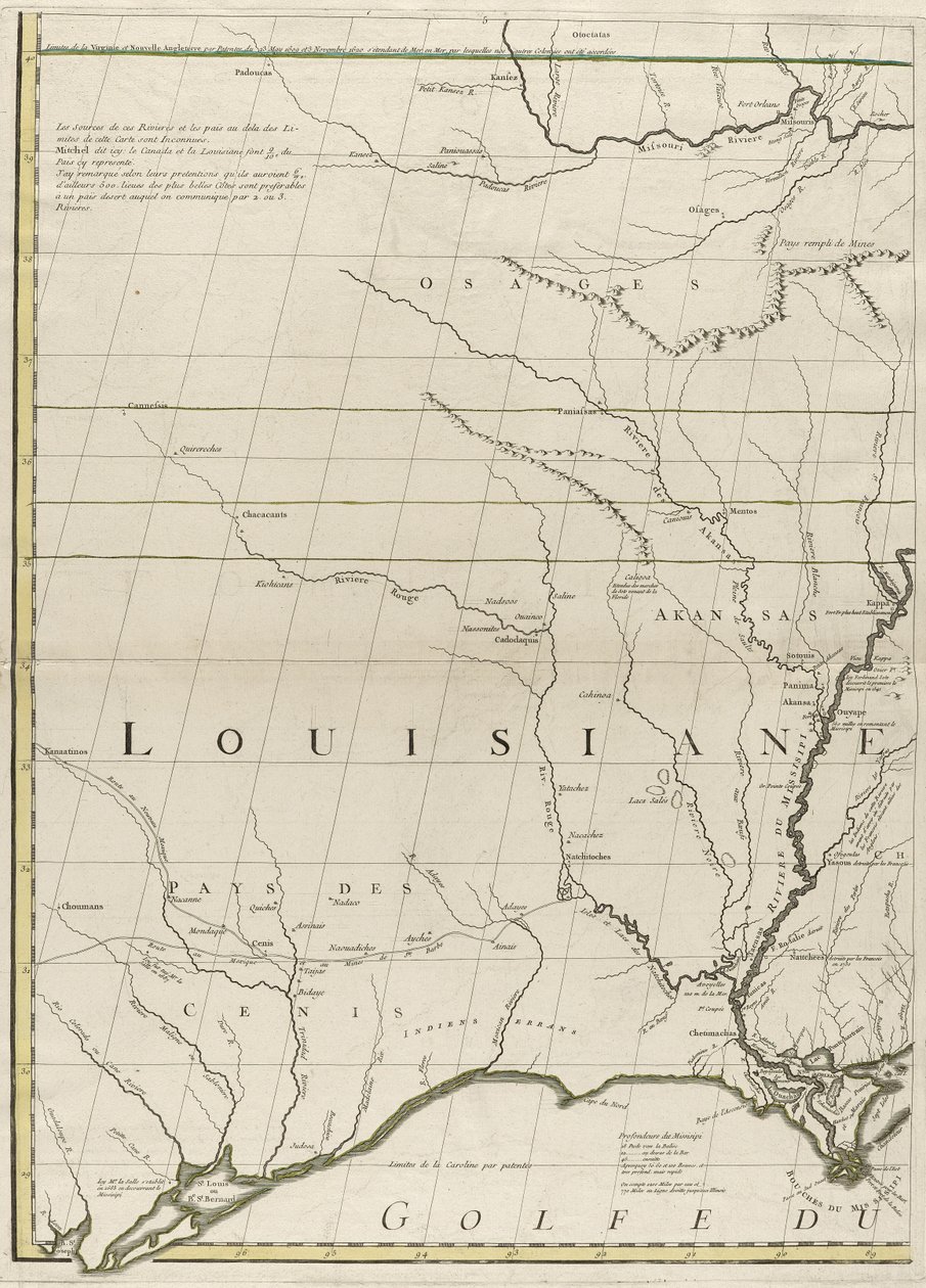 1756年のアメリカのイギリス領とフランス領の地図（紙にアウトラインの色を刻印） 作： ジョン・ミッチェル