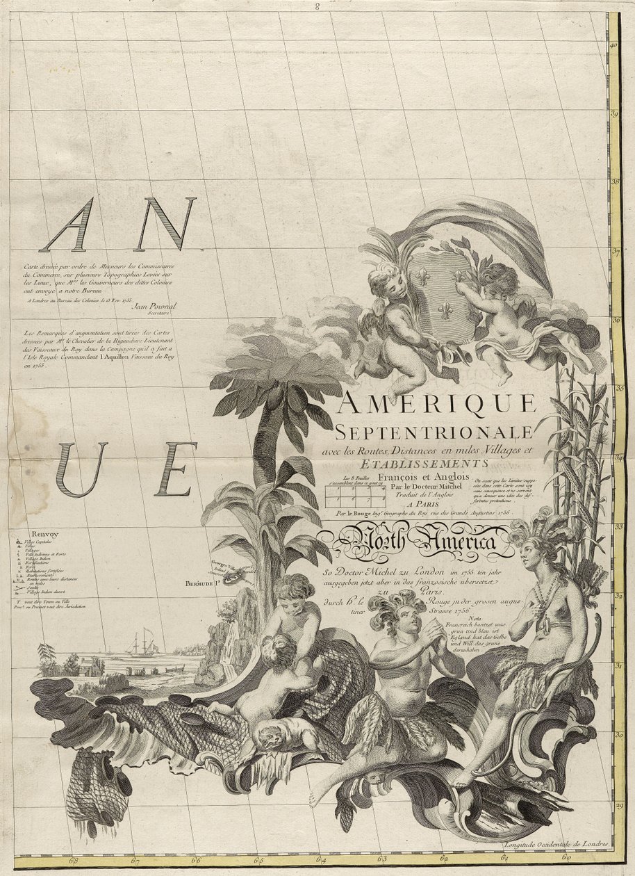 1756年のアメリカのイギリス領とフランス領の地図（紙にアウトラインの色を刻印） 作： ジョン・ミッチェル