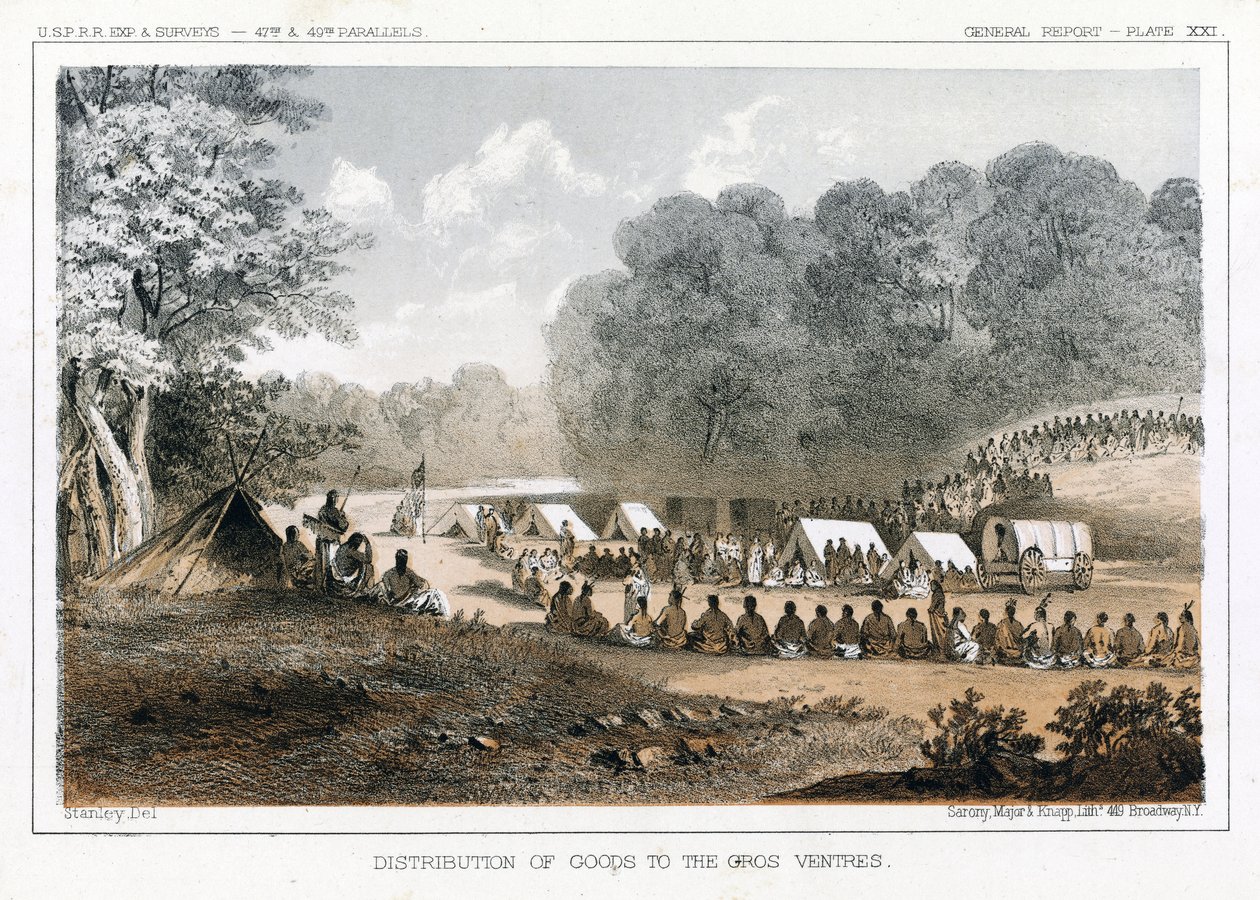 Gros Ventres、パブへの商品の配布。 1860 作： ジョン・ミックス・スタンレー