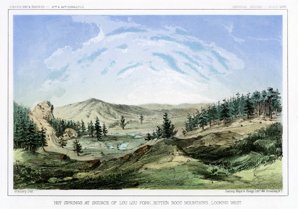 1856年に米国モンタナ州ビタールート山脈のルールーフォークにある源泉にある温泉。 作： ジョン・ミックス・スタンレー