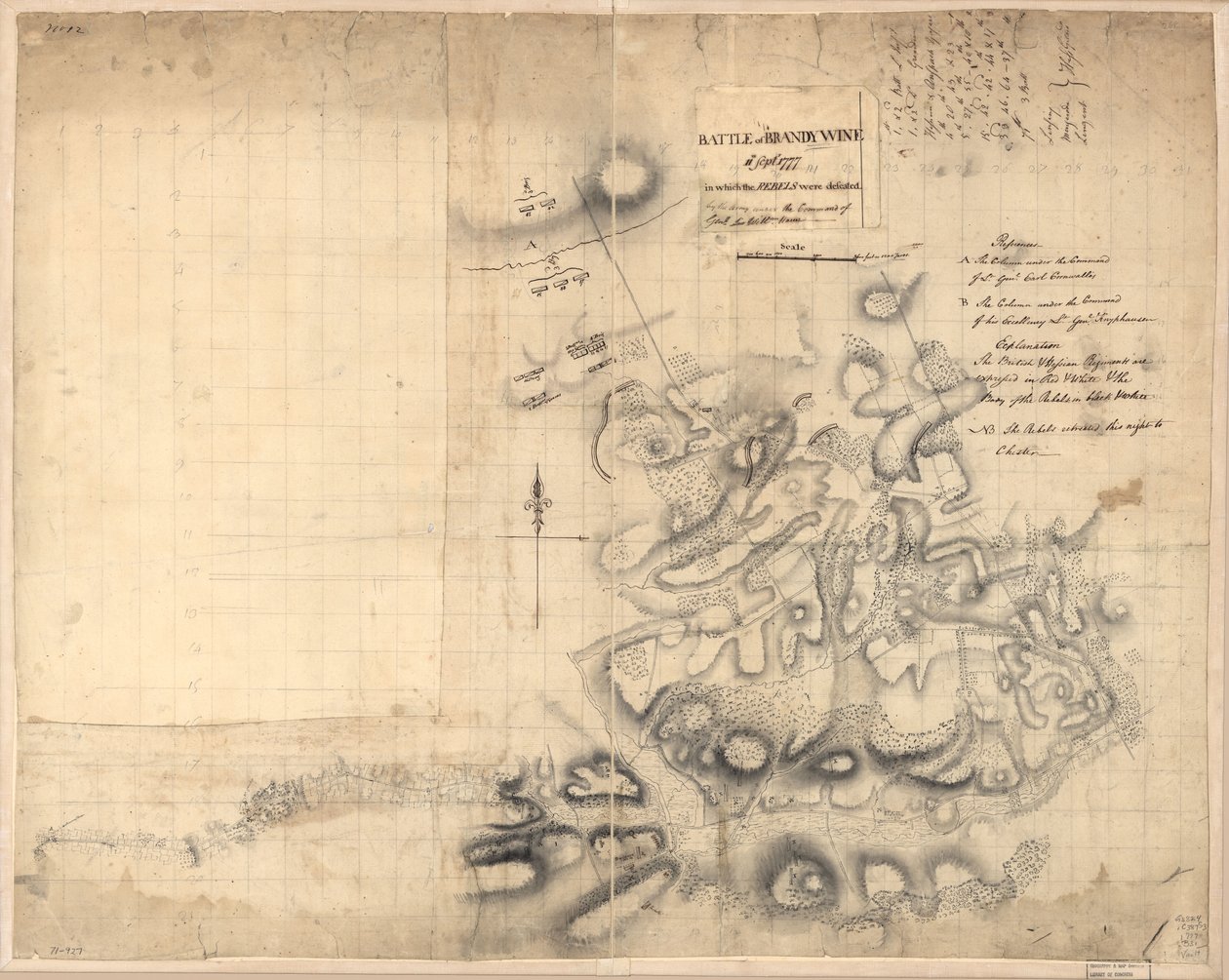 1777年9月11日、ブランディワインの戦い。1777年9月11日のブランディワインの戦いで、反乱軍はウィルム.ハウ元帥率いる軍に敗れた。ハウ。LOC gm71000927 作： ジョン・モントレソール
