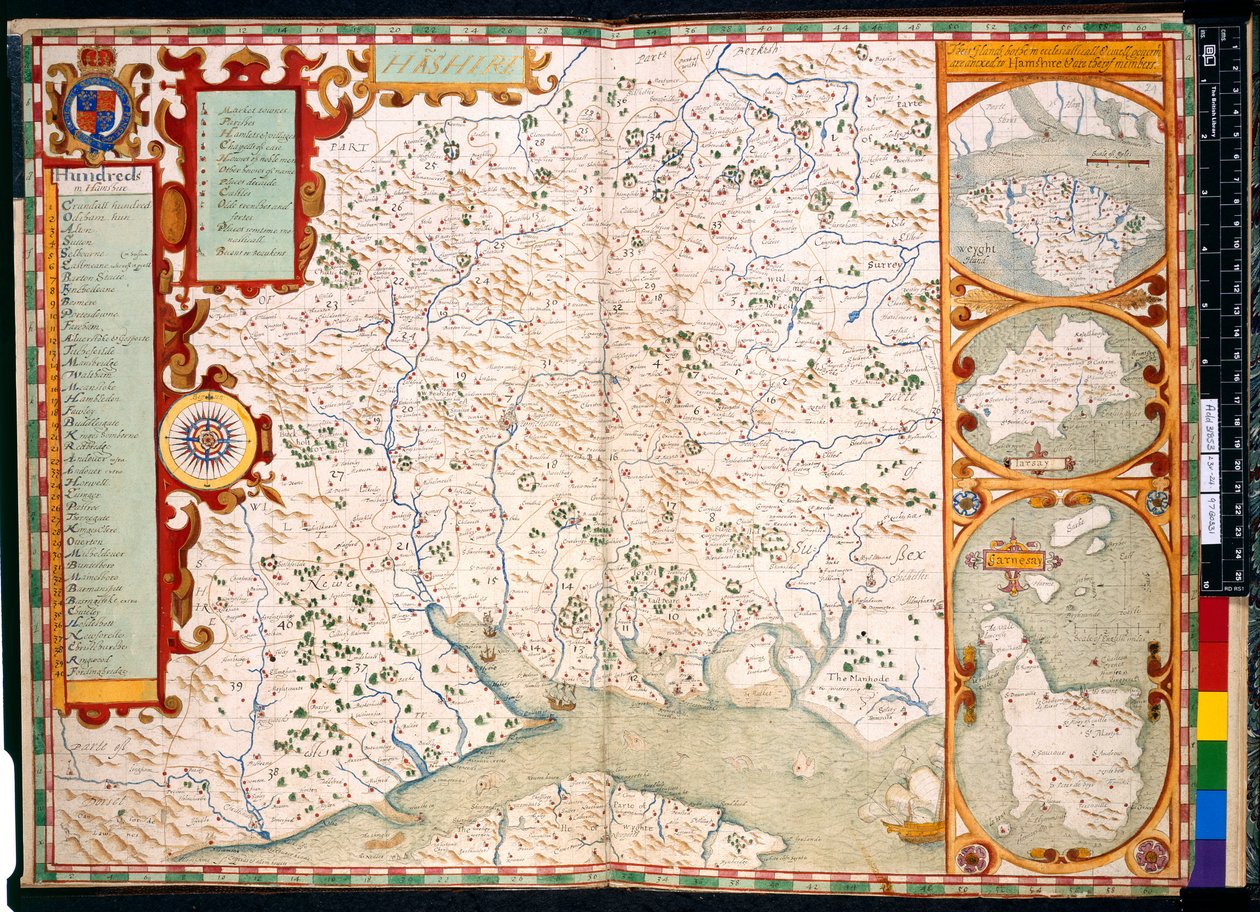 追加。 31853、ff.23-24、サウサンプトン、ハンプシャー: 説明、J. Norden 作、地図付き: 1595 (色付きの彫刻) 作： ジョン・ノース