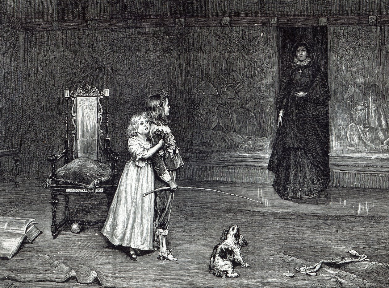 ゴールデンルームでのダービー伯爵夫人の登場、1888年の「レジャーアワー」からのスコットの「ピークのペヴェリル」のシーン 作： ジョン・ペティ