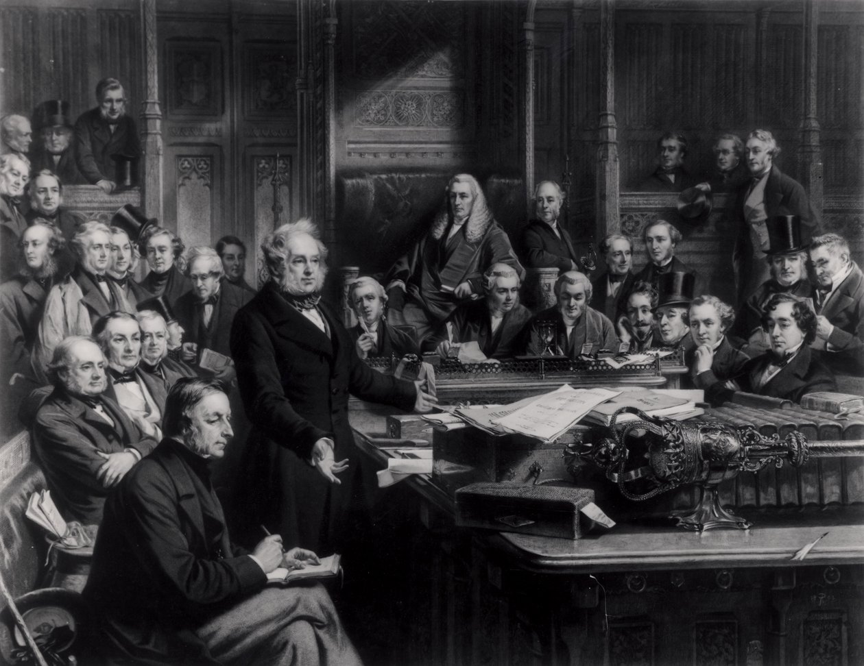 1860年の庶民院：フランスとの条約に関する討論中にパーマストン卿が上院で演説した、1863年のフォークナーの彫刻（42219および107821も参照） 作： ジョン・フィリップ