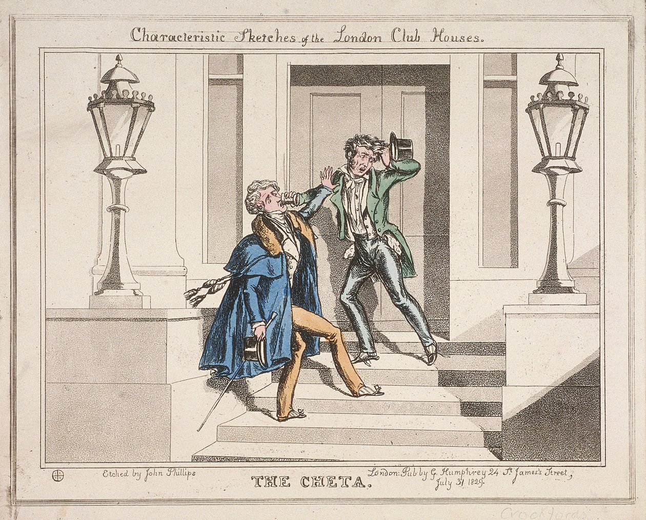 1829年、ロンドンのクロックフォード・クラブの階段にいる2人の酔っぱらいの眺め 作： ジョン・フィリップス