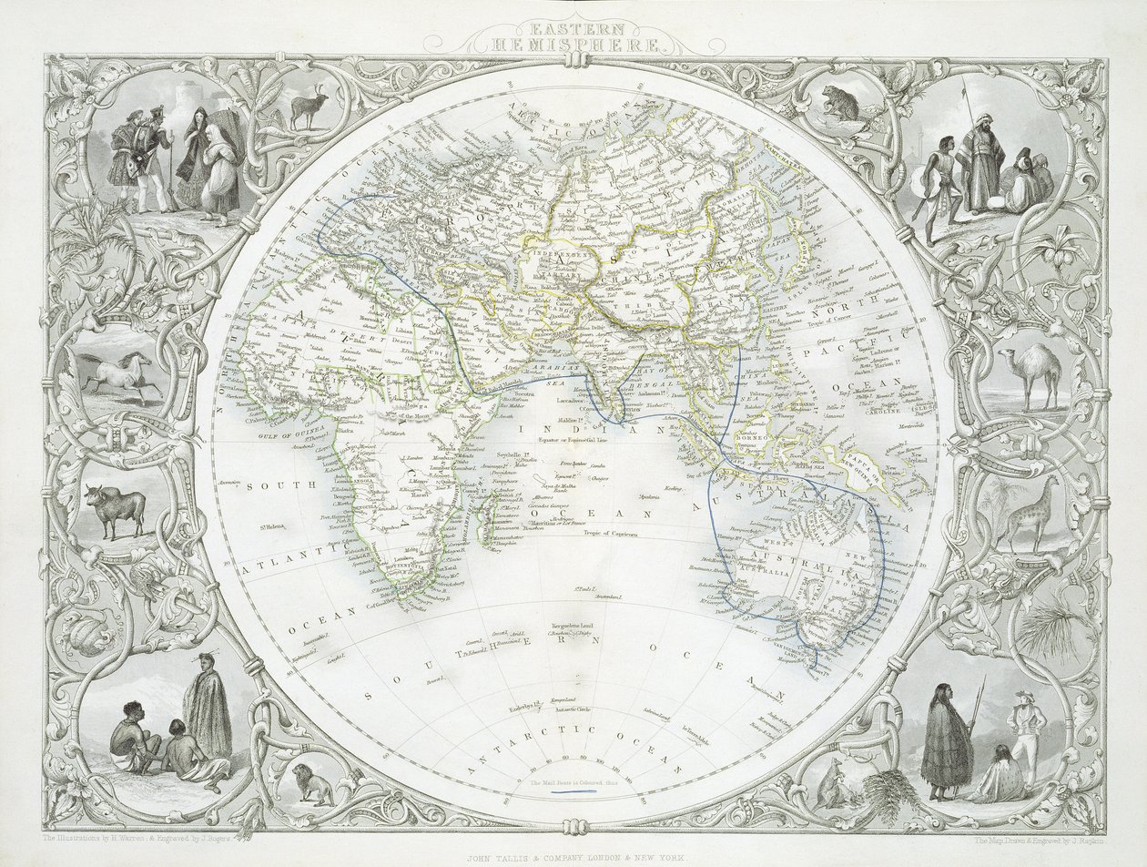 ジョンタリスウントカンパニー、ニューヨークウントロンドン、1850年代に発行された一連の世界地図からの東半球 作： ジョン・ラプキン