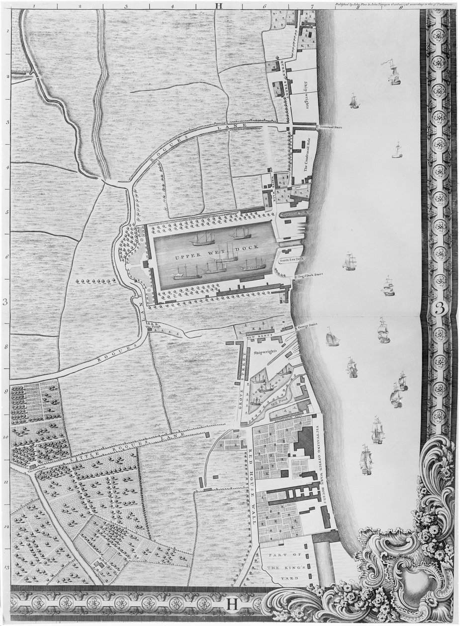 下ロザハイスドックの地図、ロンドン、1746年（彫刻） 作： ジョン・ロック