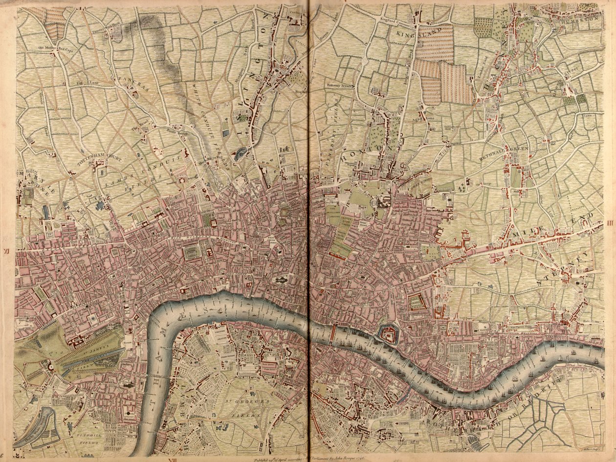 ロンドン市とウェストミンスター市、サザーク区、周囲10マイル付近の田舎の正確な調査」1746年頃（エングレーヴィング） 作： ジョン・ロック