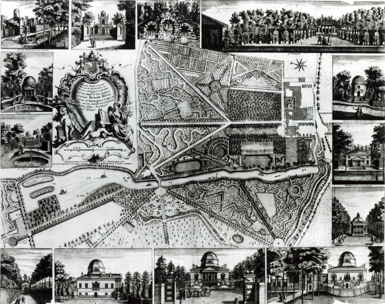 テムズ川沿いのチズウィックでの庭園の計画と住宅の眺め 作： ジョン・ロック