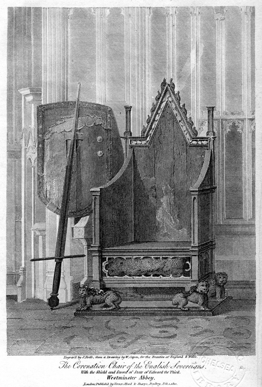 イギリスの主権者の戴冠式の椅子、ウェストミンスター寺院、ロンドン、1810年。 作： ジョン・ロフ