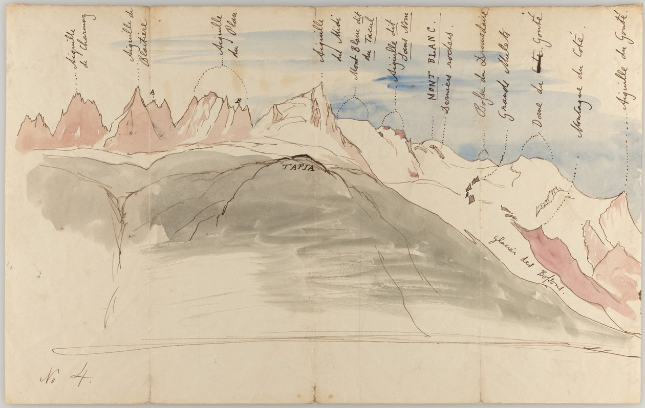 シャモニー近郊から望むモンブラン山群（表）；シャモニーの上方にあるタピアから見たモンブラン山群、ジュネーブから見たモンブラン山群、そしてドールから見たモンブラン山群のスケッチ（裏） 作： ジョン・ラスキン