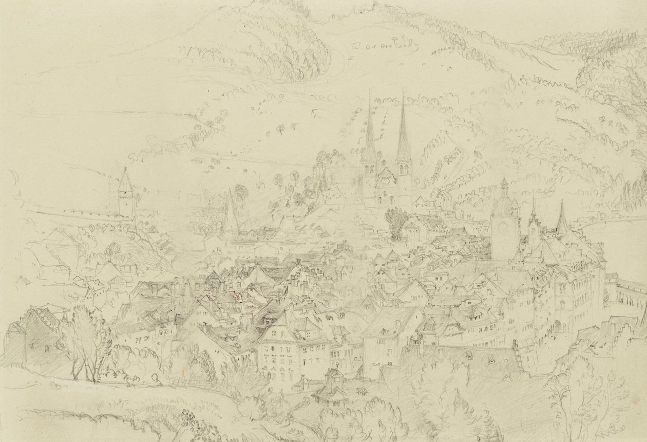 上から見たルツェルンの風景、1861年10月〜12月（淡いグレーの織紙にペンとインクのタッチが入ったグラファイト 作： ジョン・ラスキン