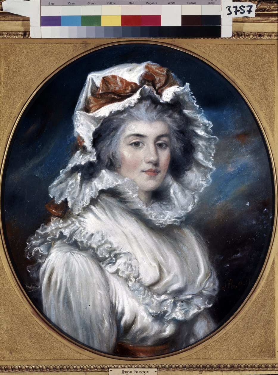 帽子をかぶった若い女性の肖像 (帽子をかぶった少女の肖像)。 ジョン ラッセル (1745-1806) によるデッサン。 紙にパステル、18世紀後半。 18世紀イギリスの芸術。 エルミタージュ美術館、サンクトペテルブルク。 作： ジョンラッセル
