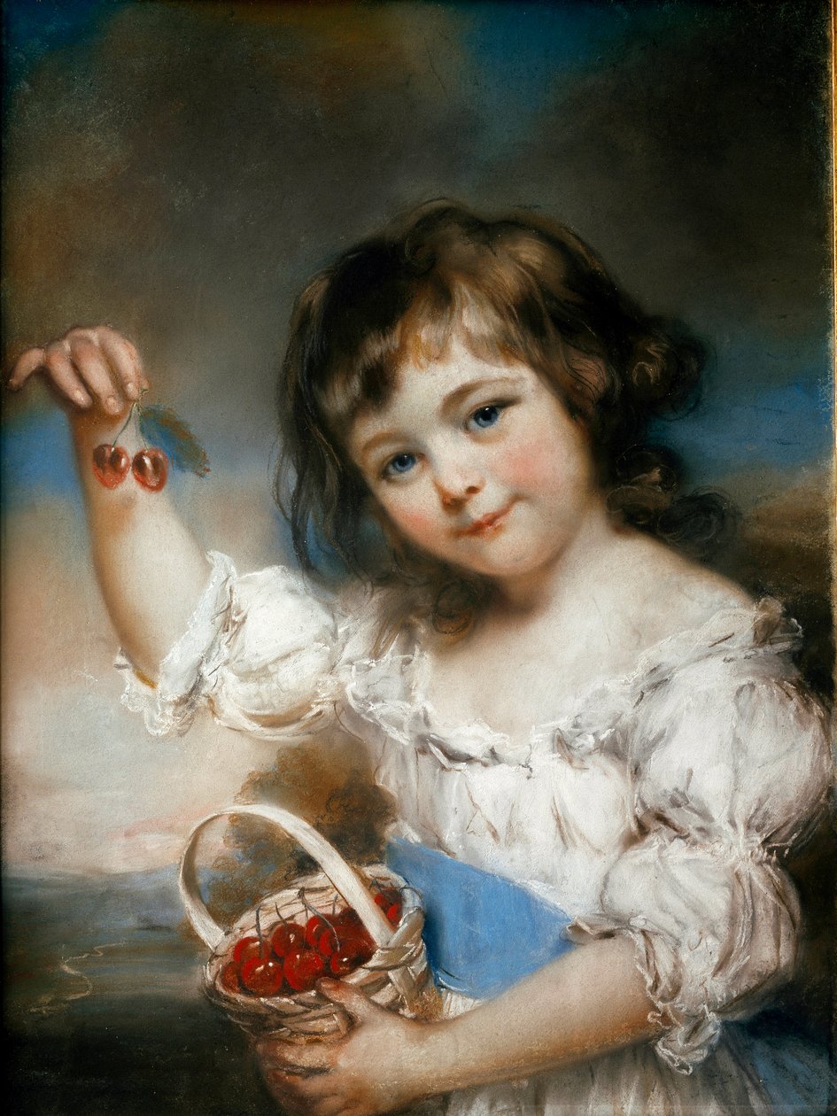 油彩画 少女の絵画 さくらんぼの子供。ジョン・ラッセル（1745-1806）による絵画。油彩