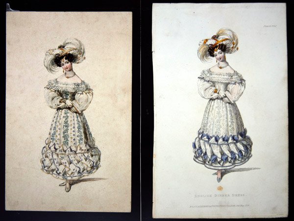 ファッション・プレートのスケッチとプリント、1829年頃（紙に鉛筆と水彩、手彩色のエングレーヴィング） 作： ジョン・サミュエル・アガー