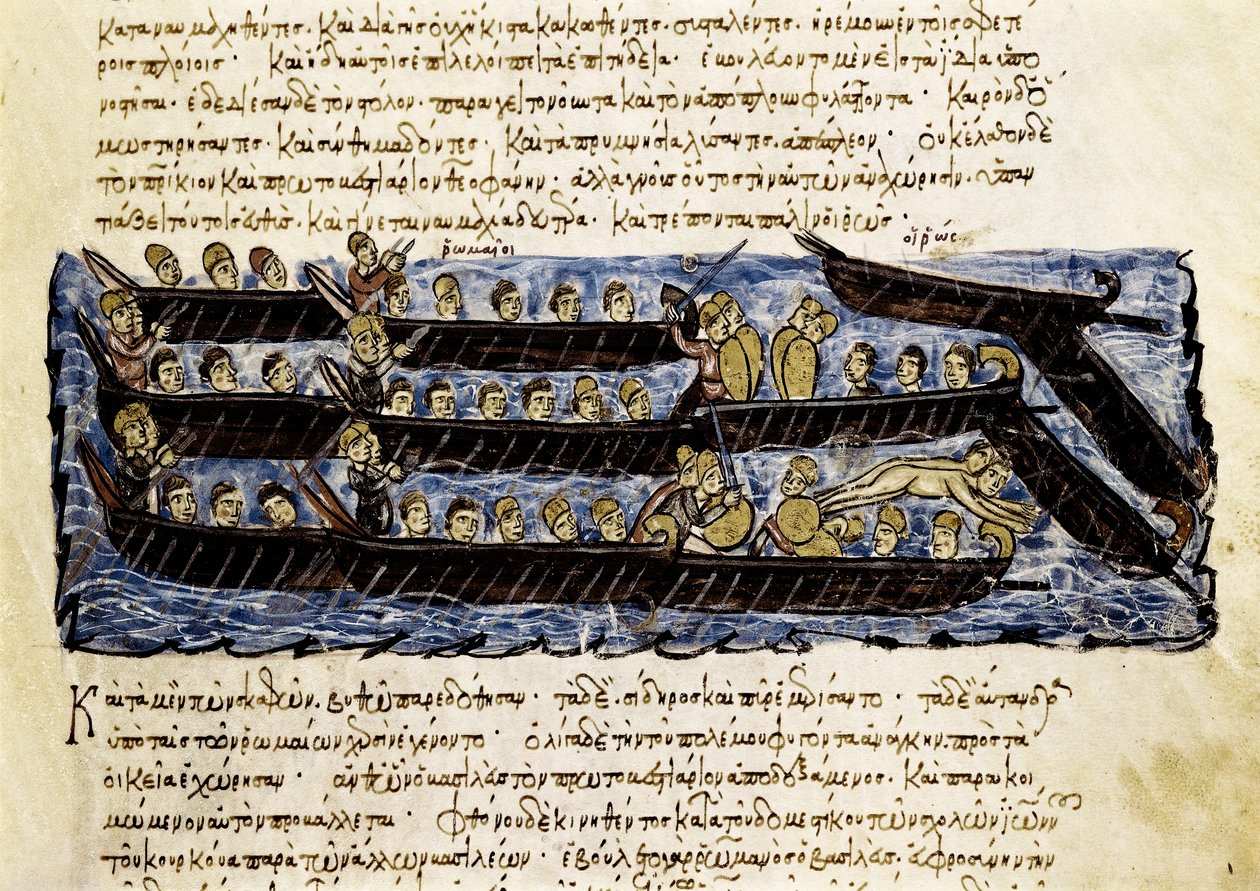 ロシア艦隊、「Synopsis historiarum」のミニチュア、c.1126-1150 作： ジョン・スシリッツ