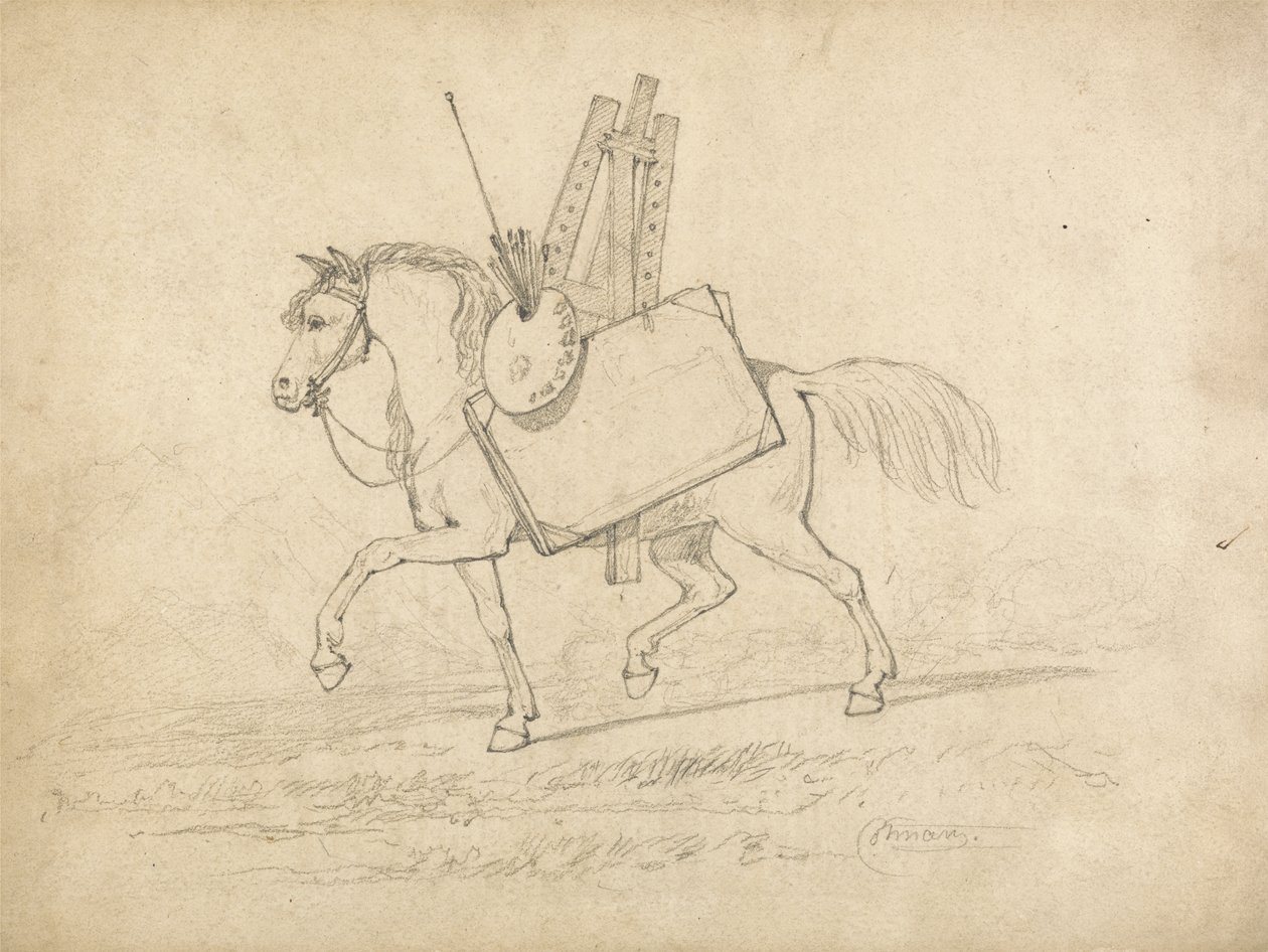 アーティストの道具を積んだ馬が左に歩いている（紙にグラファイト） 作： ジョンセルコットマン